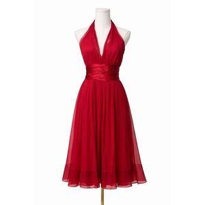 Maggie London Red Silk Halter Midi Dress 12 Pleated Chiffon Formal Cocktail NWT